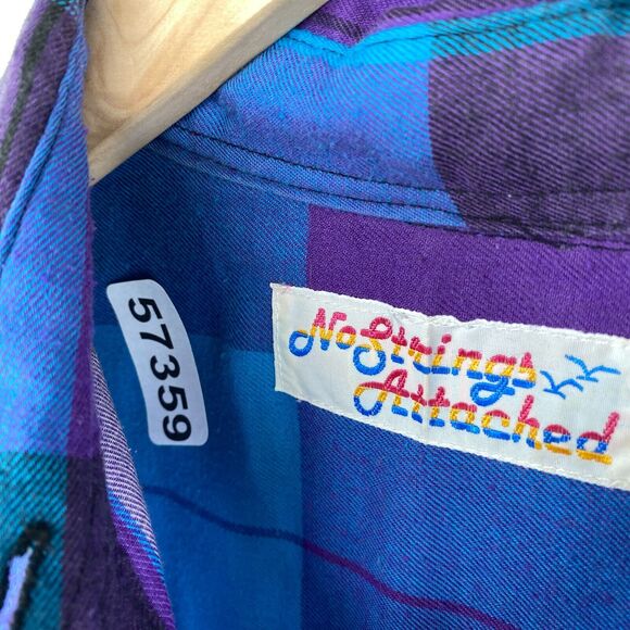 NO STRINGS ATTACHED Shirt Womens S Plaid Button Front Long Sleeve Blue Vtg 80s - Picture 12 of 12